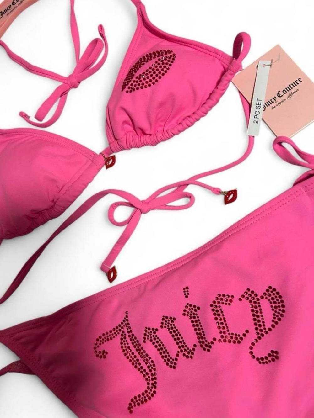 Juicy Couture Pink Bikini Set with Rhinestones and Kiss Print